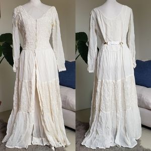Vtg Regarde! 1980s Peasant Embroidered Sheer Maxi Dress